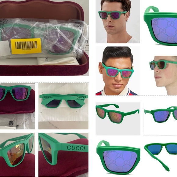 GUCCI MATT GREEN “GG”LOGO MIRRORED LIGHTWEIGHT SUNGLASSES - Picture 7 of 16